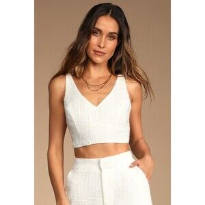 Lulus Chic And Sophisticated Ivory Tweed Cropped Tank Top White - Size S